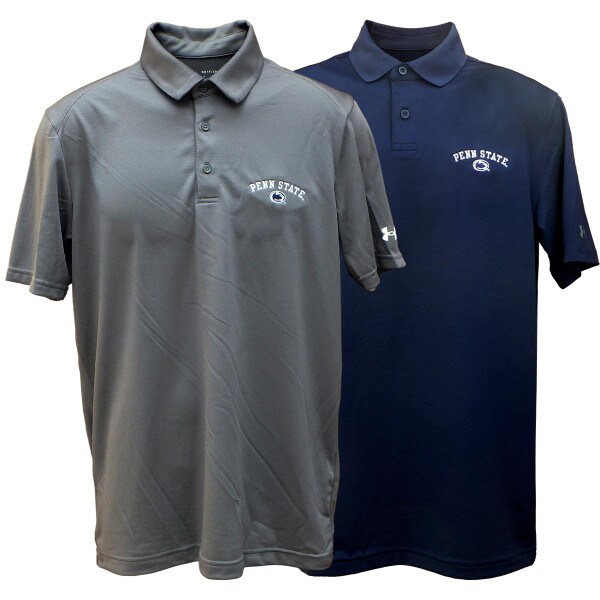gray and navy Under Armour polo shirts with embroidered Penn State and Athletic Logo on left chests